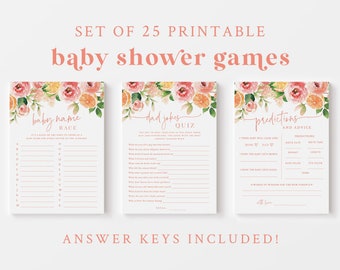 Citrus Fruit and Floral Baby Shower Game Bundle - 25 Printable Games & Activities - Pink and Orange Girls Baby Shower Games - Orange Theme