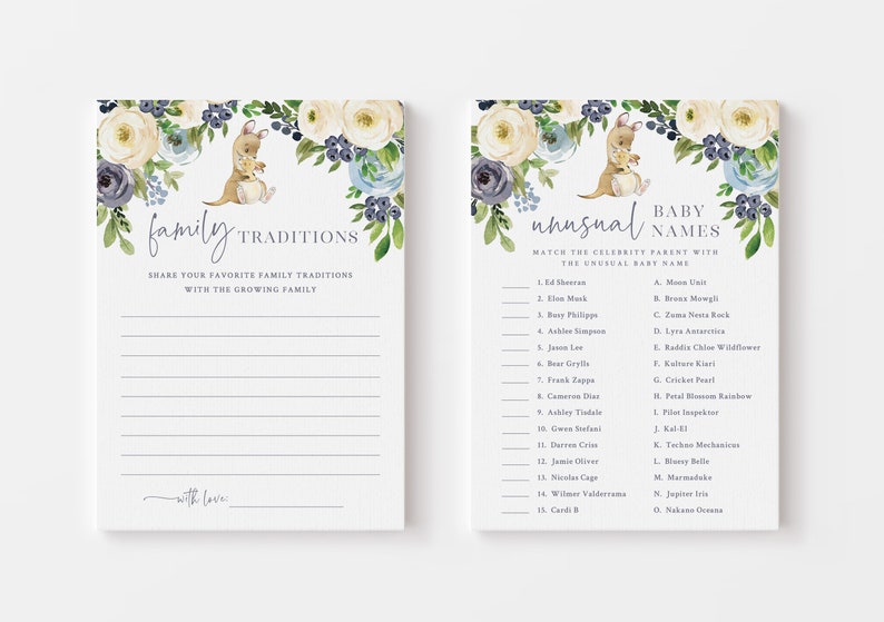 May include: Two printable baby shower game cards with a floral design. The first card is titled "Family Traditions" and has lines for guests to write down their favorite family traditions. The second card is titled "Unusual Baby Names" and has a list of celebrity parents and their children's names for guests to match.