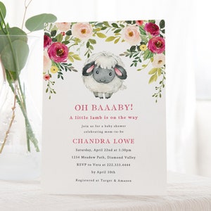 Little Lamb Baby Shower Invitation - Printable or Digital 5x7 Invitation - Girls Farm Baby Shower - Oh Baaaby Sheep Baby Shower Invitation