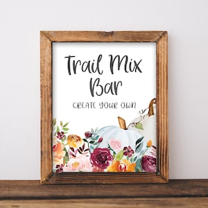 Printable Trail Mix Bar Sign - Fall Pumpkin Party Decorations - Trail Mix Sign - Autumn Baby Shower Decor - Floral Pumpkin Party Sign