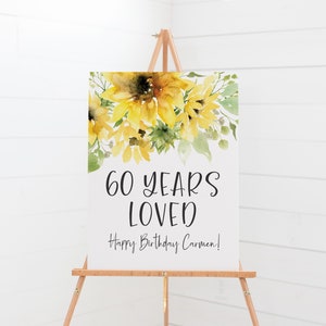 Decorazioni per feste a forma di girasole - Cartello "60 anni amato" - Poster per festa di compleanno 60° - Cartello di benvenuto per festa di compleanno stampabile - Compleanno giallo