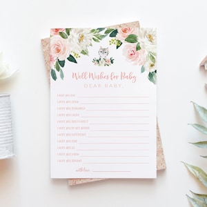 Bambina Baby Shower Dear Baby Card - Biglietto di auguri a tema gatto per il bambino - Attività per baby shower floreale rosa - Gioco a tema gattino da scaricare
