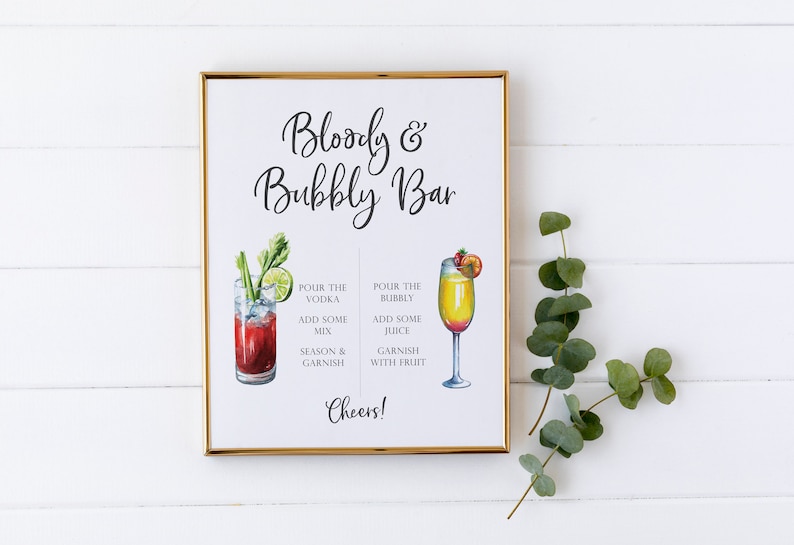 Bloody and Bubbly Bar Sign - Bloody Mary Bar - Mimosa Bar Sign - Bubbly Bar Printable - Watercolor Cocktail Sign - Party Cocktail Printable image 4