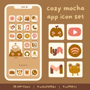 Könnte beinhalten: Ein Satz von 88 App-Symbolen in einem gemütlichen Mokka-Farbschema. Die Symbole werden auf einem Smartphone-Bildschirm mit braunem Hintergrund angezeigt. Die Symbole zeigen verschiedene beliebte Apps, darunter Instagram, Spotify, Etsy und Pinterest. Die Symbole sind in einem niedlichen und skurrilen Stil mit abgerundeten Ecken und sanften Farben gestaltet.
