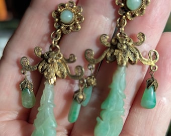 Delicate and Lovely 1920's Chinese Export Silver Jade Dangle Earrings