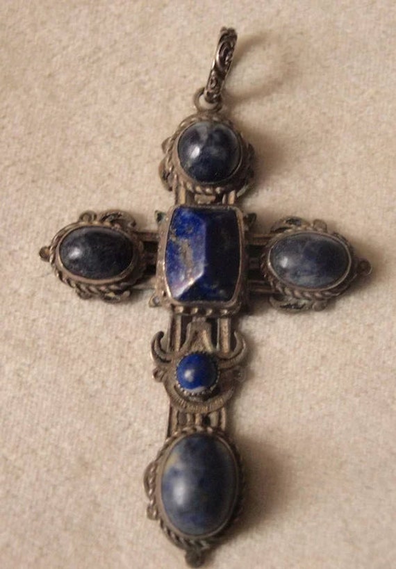 Elaborate Austro Hungarian Silver Sodalite Cross - image 1