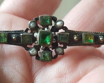 Austro Hungarian Enameled Pearl and Emerald Bar Pin