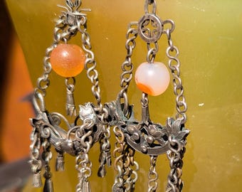 Antique Chinese Silver Carnelian Chandelier Earrings