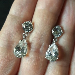 Vintage Tear Drop Cubic Zirconia Earrings in 14k White Gold