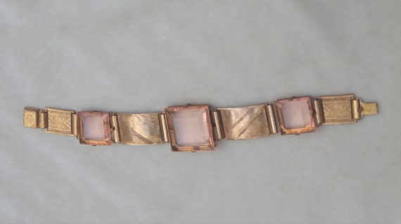 1930's Brass and Peach Glass Art Deco Bracelet - image 5