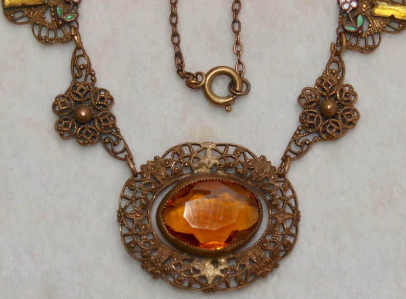 1930's Brass Glass And Enamel Necklace image 3