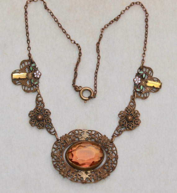 1930's Brass Glass And Enamel Necklace
