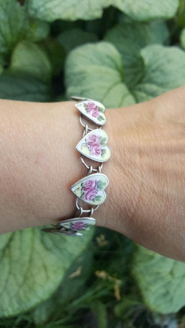 Vintage Sterling Enamel Hearts and Roses Bracelet