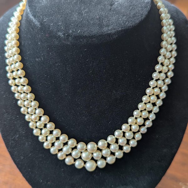1930's Triple Strand Akoya Salt Water Pearl Necklace, Gorgeous Filigree Clasp!