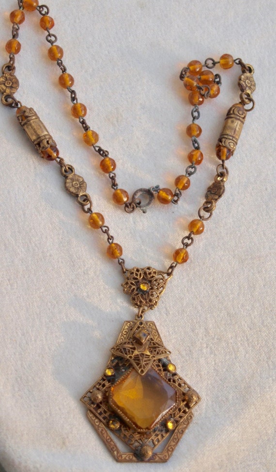 1930's Czech Amber Glass And Brass Necklace