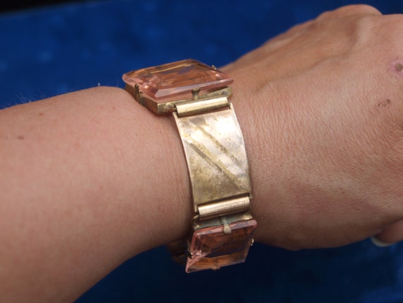 1930's Brass and Peach Glass Art Deco Bracelet - image 1