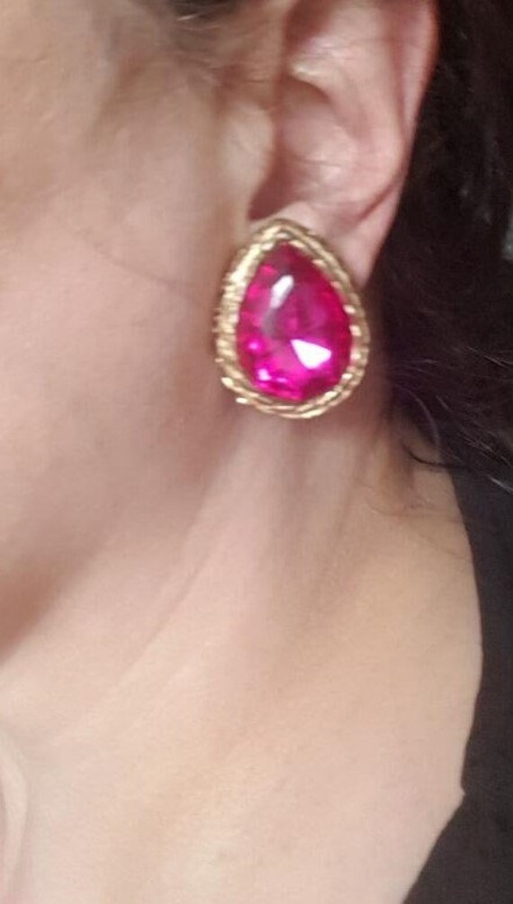 1980's Large Hot Pink Rhinetone Earrings Signed Da