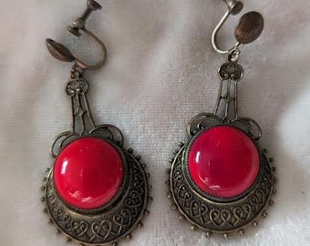 1920's Czech Glass Neiger? Lipstick Red Glass Earrings