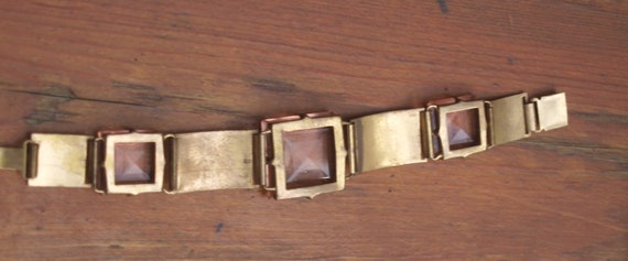 1930's Brass and Peach Glass Art Deco Bracelet - image 4