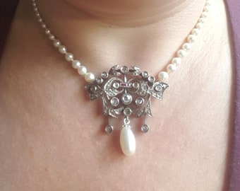 Edwardian Rose Cut Diamond , Pearl and Ruby Necklace