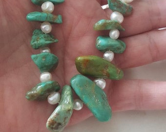 Vintage Zuni? Southwest Turquoise and Pearl Necklace, Large Pieces Of Natural Turquoise