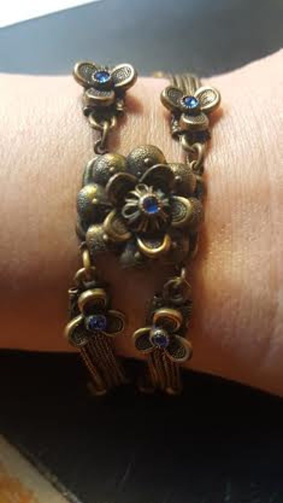 Flapper 1920's Brass and Blue Paste Bracelet