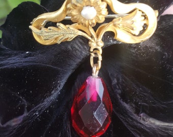Art Nouveau Red Drop Pin