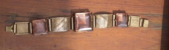 1930's Brass and Peach Glass Art Deco Bracelet - image 2