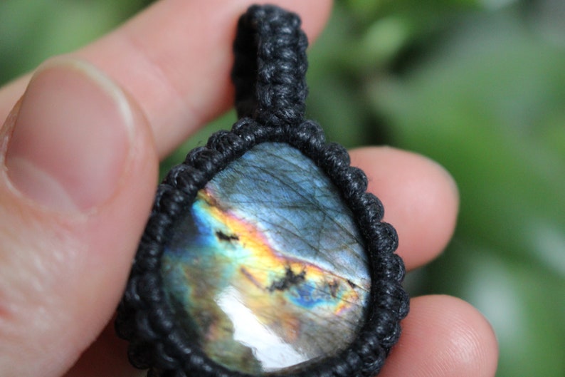 Rainbow Multi Coloured Flash Labradorite Tear Drop Macrame Necklace
