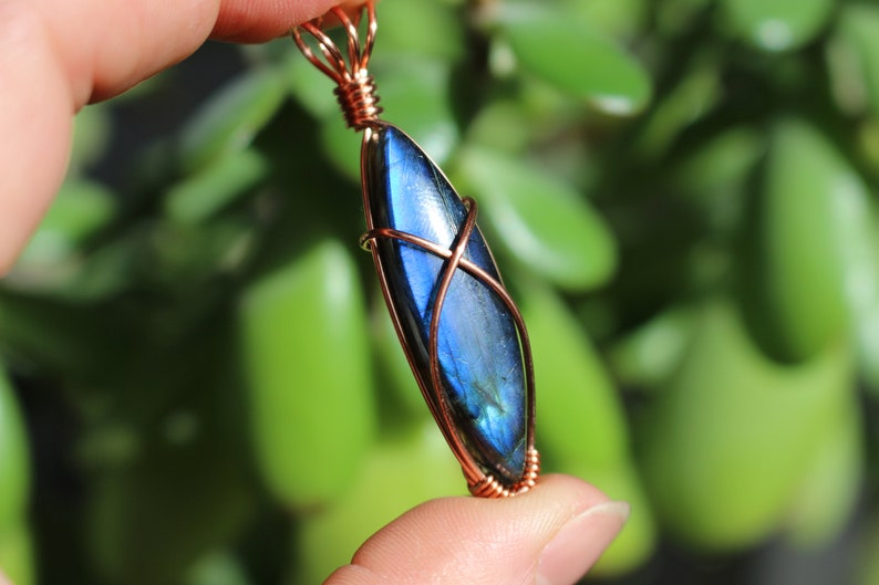 Deep Blue Labradorite Copper Wire Wrapped Gemstone Pendant Necklace