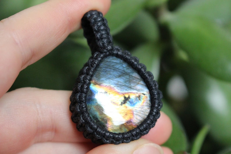 Rainbow Multi Coloured Flash Labradorite Tear Drop Macrame Necklace