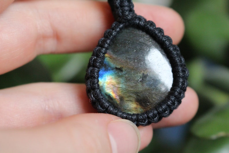 Rainbow Multi Coloured Flash Labradorite Tear Drop Macrame Necklace