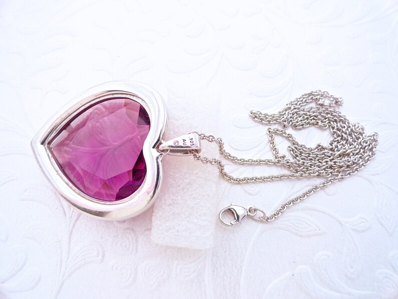 Vtg Sterling Silver Purple Amethyst Crystal Heart Rhinestone Pendent Signed AU Necklace