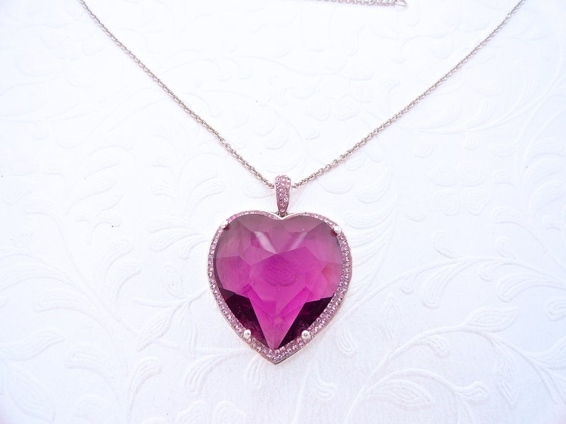Vtg Sterling Silver Purple Amethyst Crystal Heart Rhinestone Pendent Signed AU Necklace