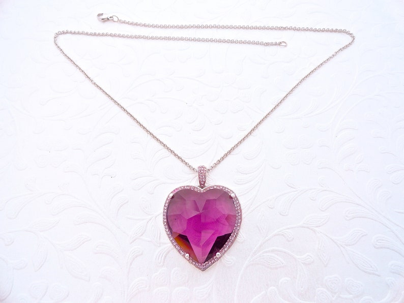 Vtg Sterling Silver Purple Amethyst Crystal Heart Rhinestone Pendent Signed AU Necklace