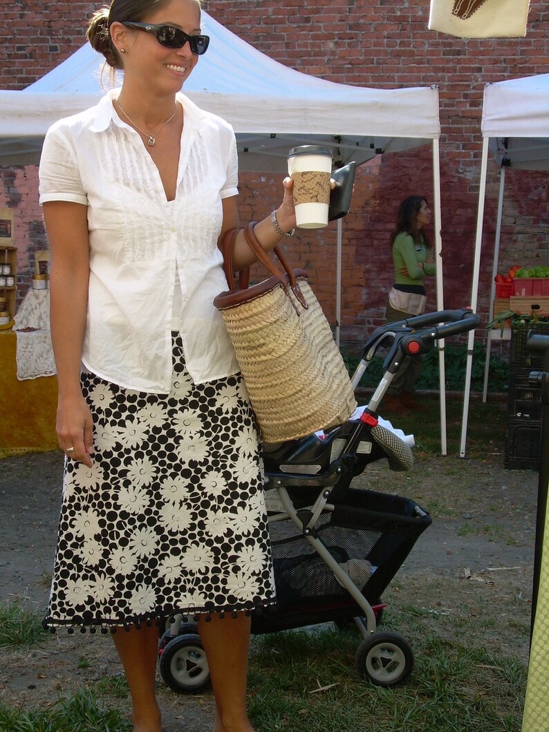 bias cut cotton skirt a-line black and gray background with black dots with sparrow embellishment.