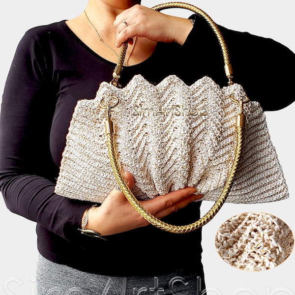 Crochet SeaShell Bag,Glitter Gold Straw Handbag,Crocheted Scallop Purse,Unique Shoulder Bag,Free EXPRESS Shipping