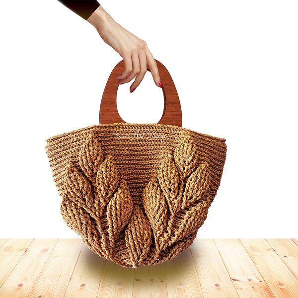 3D getextureerde gehaakte stro tas met houten handvatten, haak reliëf verlaat Tote, natuurlijke Raffia rustieke tas, shopper tas, gratis EXPRESS verzending
