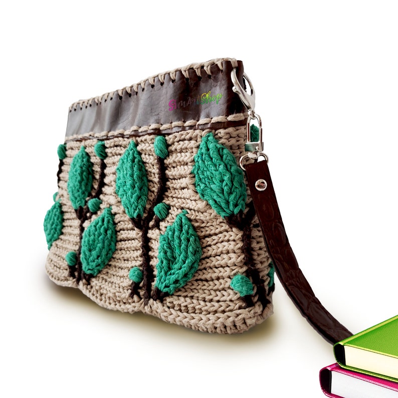 Crocheted Climbing Vine Wristlet Clutch Bag With Leather Detail