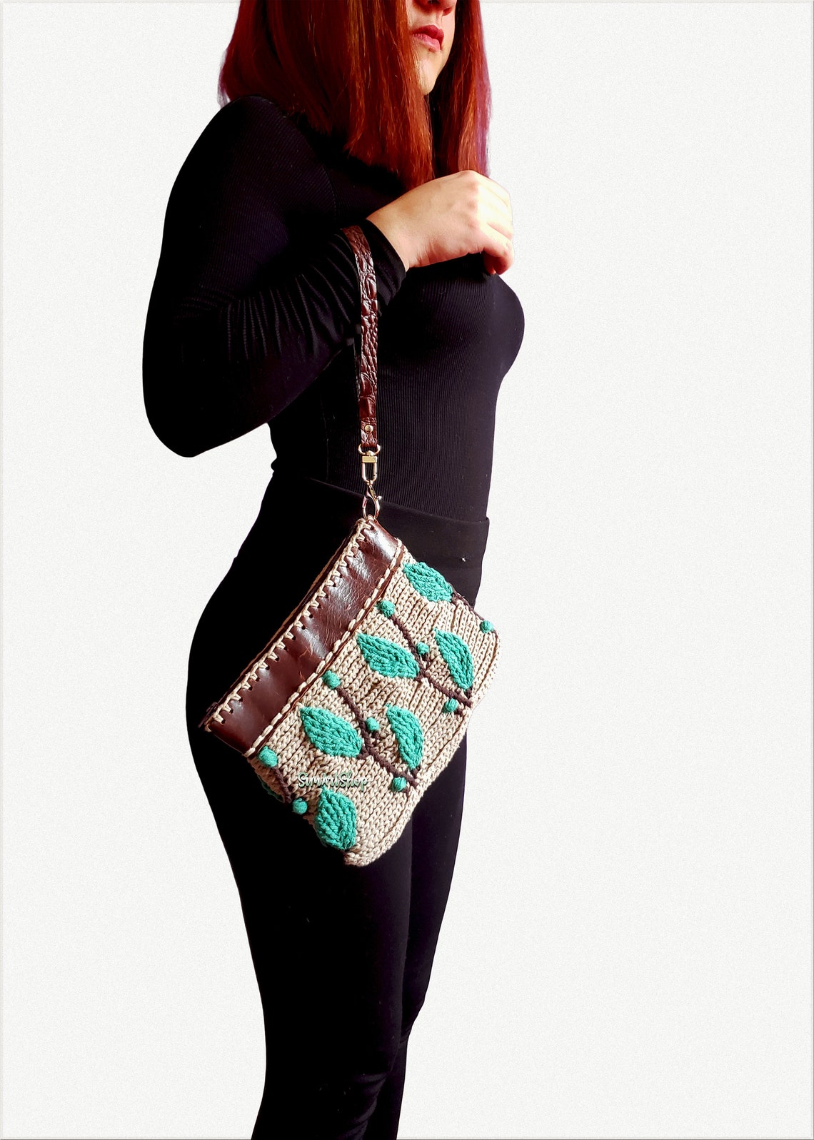 Crocheted Climbing Vine Wristlet Clutch Bag With Leather Detail