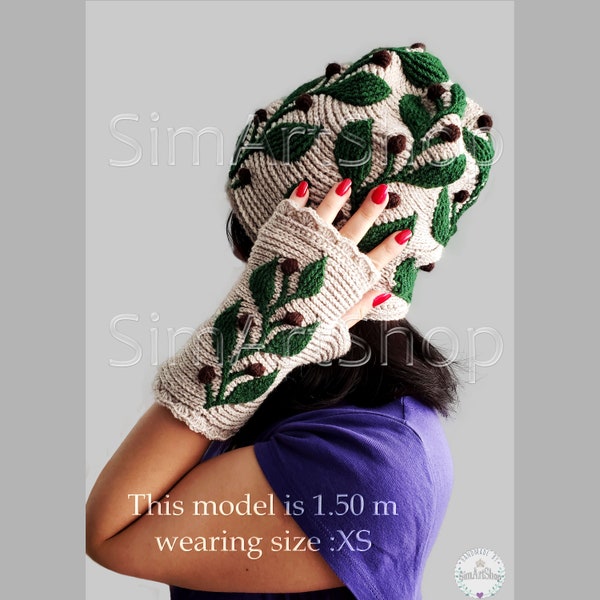 Embossed Crochet Leaves Hat and Wrist-Warmers,Textured Crochet Multicolor Winter Set,Leaf Beanie and Fingerless Gloves,Free EXPRESS Shipping