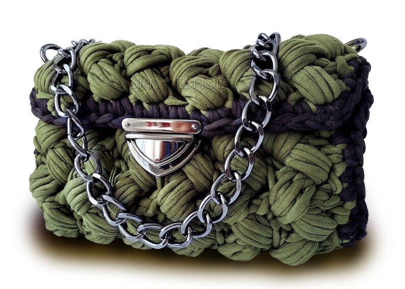 Crochet ZigZag Puff Purse,T-shirt yarn Bag,Chunky Cotton Handbag,Army Green Crossbody Bag,Crochet Clutch-Shoulder Bag,Free EXPRESS Shipping