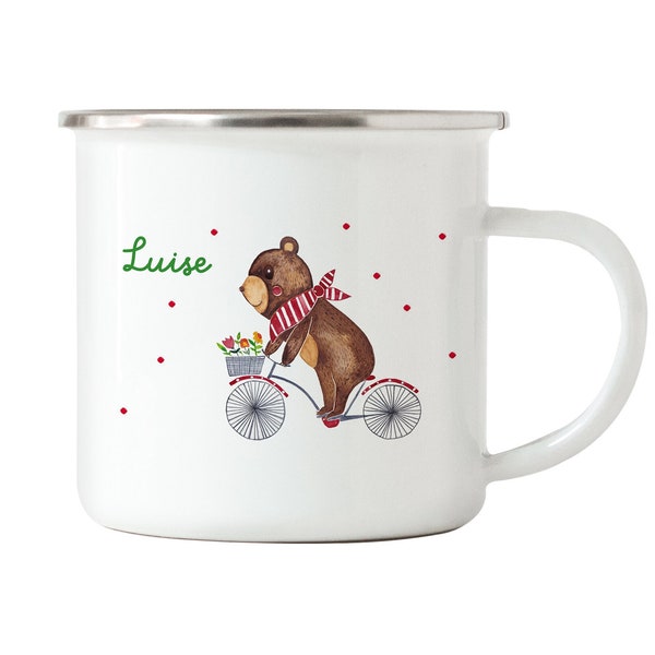 Enamel cup bear bike with name, personalized children's cup, ceramic cups personalized, children's tableware with name