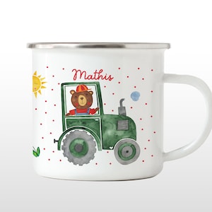 Enamel cup bear on the tractor, ceramic cup forest animal, children's cup with name Enamel cup children's cup with name