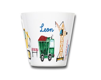 Children's mug construction site personalized, mug excavator with name made of melamine