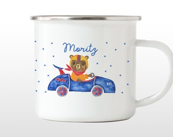 Enamel cup racing car with bear with name, children's cup personalized, ceramic cup, drinking cup with name