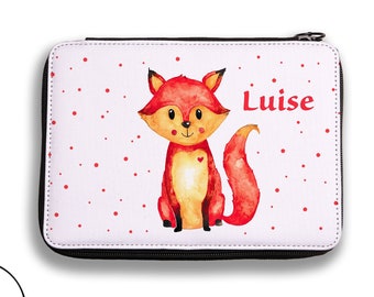 filled feather bag with name, gift for schooling, pencil case fox, personalized, gift preschoolers