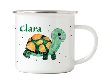 Enamel cup turtle, enamel mug, children's cup with name, ceramic cup