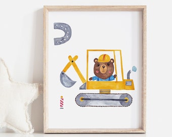 Children's room poster bear on the construction site children's room decoration, children's room picture girls and boys