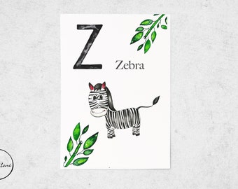 Buchstaben Postkarte Z wie Zebra , Postkarte ABC, Geschenk zur Einschulung